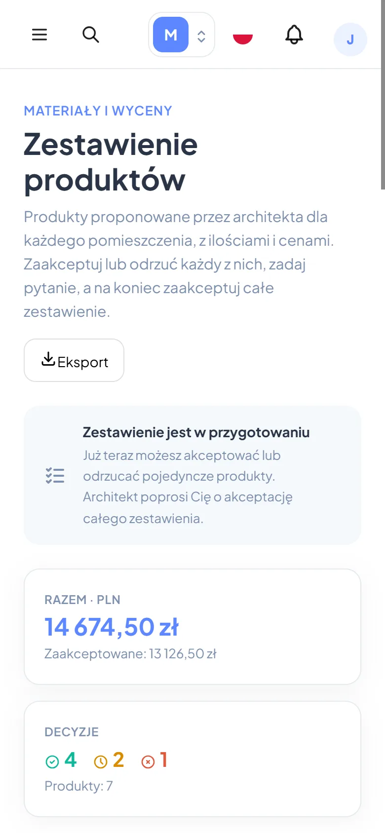 Zestawienie produktów w telefonie klienta