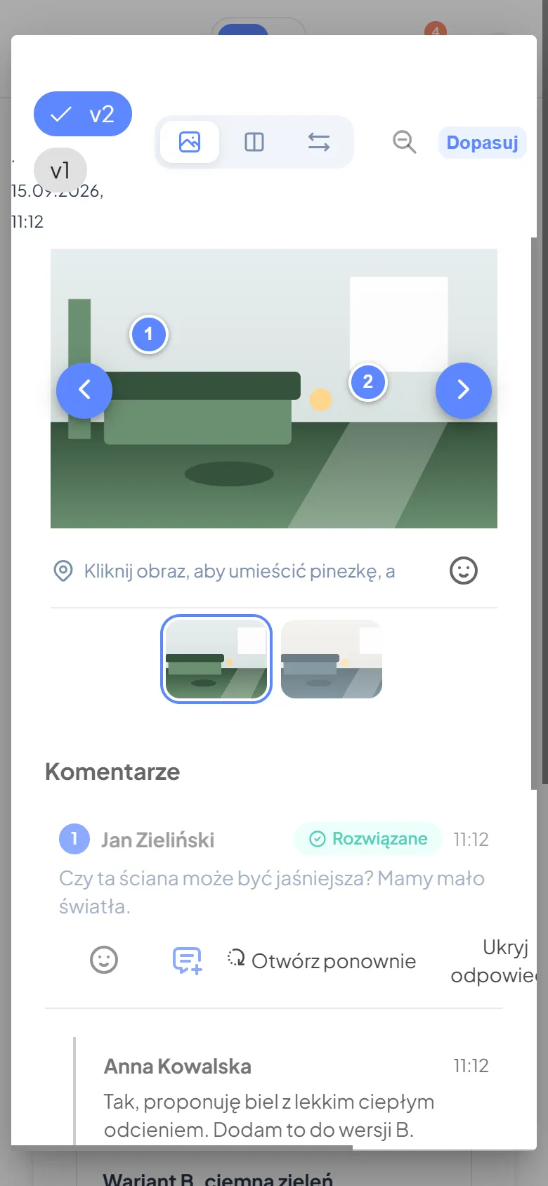 Wizualizacja z komentarzami w telefonie klienta