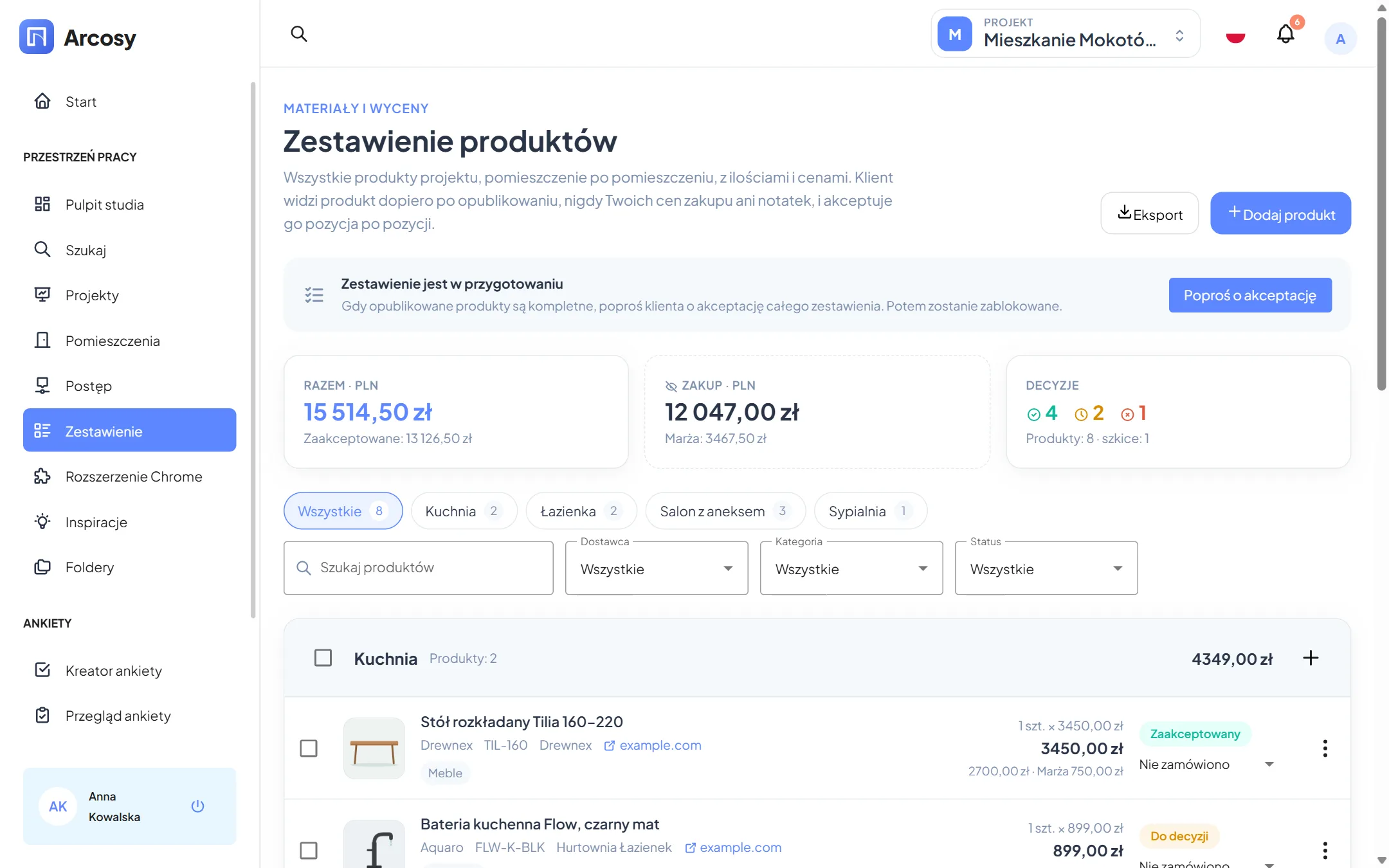Zestawienie produktów z sumami, decyzjami klienta i marżą