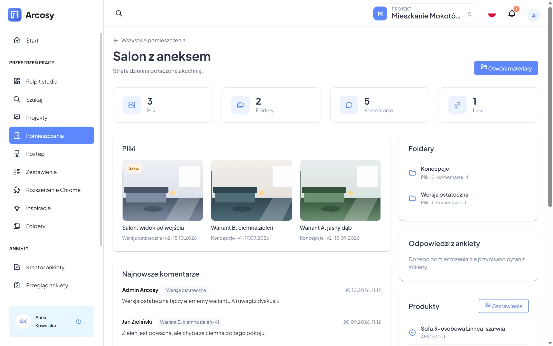 Pulpit pomieszczenia z wizualizacjami, komentarzami i produktami